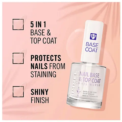Image 1, 5 in 1 base and top coat, protects nails from staining and shiny finish. Image 2, Ultra shiny top coat, quick dry formula and a maxi brush apply with just one stroke. Image 3, prolong colour and shine for up to 10 days