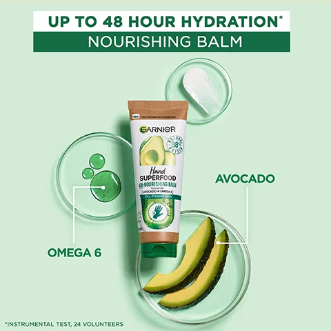 Image 1, up to 48 hour hydration - nourishing balm. omega 6, avocado. instrumental test, 24 volunteers. image 2, effect remains after hand washing. consumer test 50 subjects on skin suppleness, softness after hand washing. image 3, effect remains after hand washing. cruelty free international. 98% natural origin. vegan formula. image 4, for very dry rough hands - hydration level - 5. for dry chapped hands, hydration level 4. image 5, nourishing balm - avocade and omega 6. repairing balm - cocoa and ceramide.