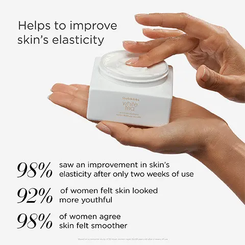 Image 1, Helps to improve skin's elasticity, 98% saw an improvement in skins elasticity after only two weeks of use, 92% of women felt skin looked more youthful. 98% of women agree skin felt smoother. Image 2, Find your moment, new white tea body water cream. Image 3, A new sensory experience to elevate your well-being. Image 4, Leaves skin hydrated for up to 48 hours. Image 5, A blissful escape.