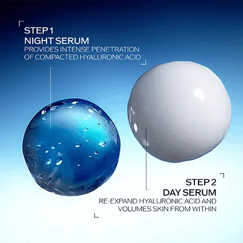 Image 1, STEP 1 NIGHT SERUM PROVIDES INTENSE PENETRATION OF COMPACTED HYALURONIC ACID L STEP 2 DAY SERUM RE-EXPAND HYALURONIC ACID AND VOLUMES SKIN FROM WITHIN Image 2, BIO-PERFORMANCE SKIN FILLER SERUM 80% Deep wrinkles are less visible in one day* BEFORE AFTER "Consumer test on 110 women Image 3, REFILL YOUR 2 SERUMS 74% plastic waste reduced* 20% plant derived bottle** *COMPARED TO A REGULAR PRODUCT **WITHOUT CAP