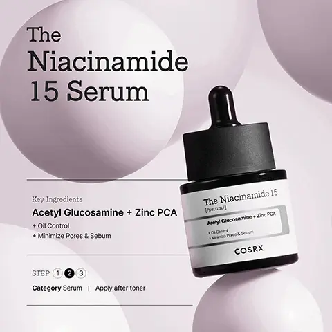 Image 1, ﻿ The Niacinamide 15 Serum Key Ingredients Acetyl Glucosamine + Zinc PCA + Oil Control + Minimize Pores & Sebum The Niacinamide 15 [/erum/] Acetyl Glucosamine + Zinc PCA •Of Control Mini Pores & Sebum COSRX STEP 123 Category Serum | Apply after toner Image 2, ﻿ A lightweight watery formula N_Acetylglucosamine (NAG) Zinc PCA Allantoin Image 3, ﻿ The Niacinamide 15 COSRX Recommended for • Excessive sebum & pores • Rough & uneven skin texture • Oily & Combination skin Image 4, ﻿ BEFORE AFTER Image 5, ﻿ Skin Improvement Just in 1 month Even out redness Acne & Pore care Sebum & Oil control Pigmentation improvement