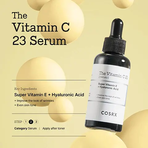 Image 1, The Vitamin C 23 Serum The Vitamin C 2: Key Ingredients Super Vitamin E + Hyaluronic Acid + Improve the look of wrinkles + Even skin tone [/serum/ Super Vitamin E +Hyaluronic Acid improve the look of wrinkles Even skin tone STEP 123 Category Serum | Apply after toner COSRX Image 2, ﻿ Pigmentation Pores The Vitamin C 23 ме Super Vitamin E Huronic Acid Elasticity Wrinkles Brightening /Skin radiance COSRX Skin tone (Triple-complexion) "As a result of the clinic trials from Dermacosmetic Skin Science Laboratory Co.Ltd Image 3, ﻿ BEFORE AFTER > BEFORE AFTER Image 4, ﻿ 32% Skin Brightening Just in 7 days* 'As a result of the clinic trials from Dermacosmetic Skin Science Laboratory Co.Ltd Image 5, ﻿ Watery and thin bilayer Image 6, ﻿ 100%* agree skin feels brighter & evens out skin tone agree skin improves with pigmentation agree skin feels firmer within 4 weeks The Vitamin C The Vitamin C 23 *As a result of the clinical trials, "COSRX The Vitamin C23 Serum" from Dermacosmetic Skin Science Laboratory Co.,Ltd participatns between 30-65 of 20 females OSRX COSRX The Vitamin C COSRX Image 7, ﻿ Ascorbic acid 23% (Vitamin C) improves sign of skin aging, brightens skin Hyaluronic acid retains moisture Allantoin soothes and protects skin Super Vitamin E (tocotrienol) improves fine lines + wrinkles﻿