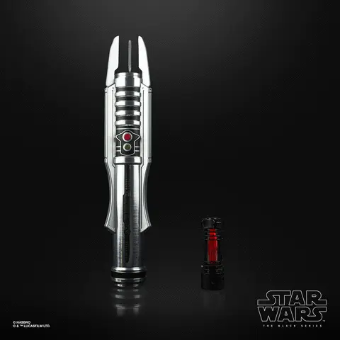 Gif showing the lightsaber from multiple angles and different colours. Text on the images reads Digital render. Final product may vary. Hasbro, lucasfilm ltd. Star Wars The Black Series