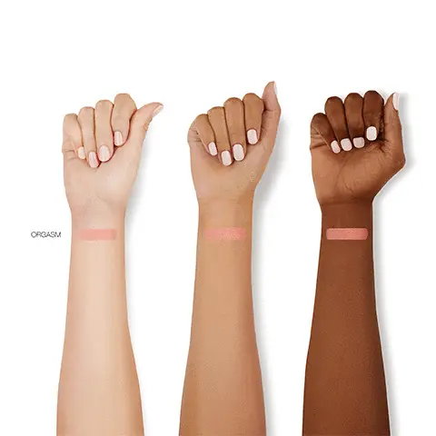 Image 1- Model arm swatch. Image 2- Blush with benefits: Lightweight feel, silky formula and versatile finishes 