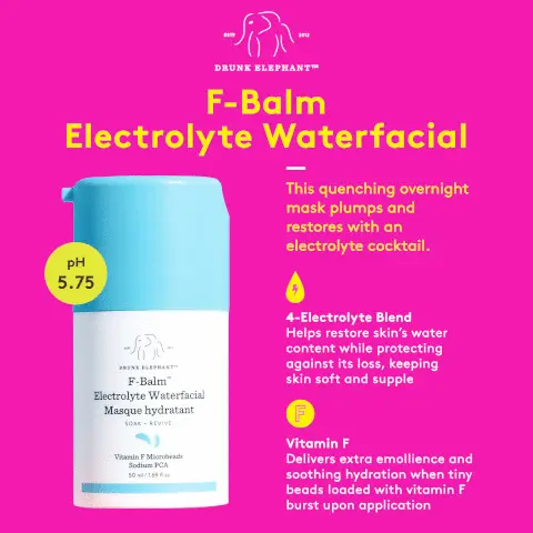 Image 1, F-Balm electrotype waterfacial, this quenching overnight mask plumps and restores with an electrolyte cocktail. 4 electrolyte blend helps restore skins water content while protecting against its loss, keeping skin soft and supple. Vitamin F delivers extra emollience and soothing hydration when tiny beads loaded with vitamin F burst upon application. Image 2, sclerocarya birrea (marula) seed oil, moisturizes, nourishes and visibly rejuvenates skin for a youthful looking glow