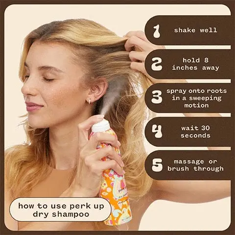 100% said hair and scalp were instantly refreshed, 100% said park up extended time between washes, 96% agreed perk up absorbs hair oil, based on consumer testing of 30 participants after 1 use, 1. shake well, 2. hold 8 inches away, 3. spray onto roots in a sweeping motion, 4. wait 30seconds, 5. massage or brush through, how to use perk up dry shampoo, Before, After, perk up dry shampoo