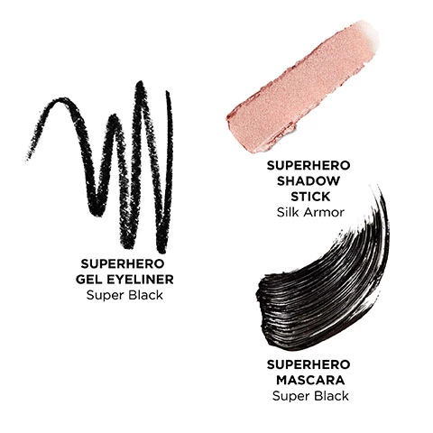 Image shows swatches of the different products. Text: superhero gel eyeliner, super black. Superhero shadow stick, silk amor. Superhero mascara, super black