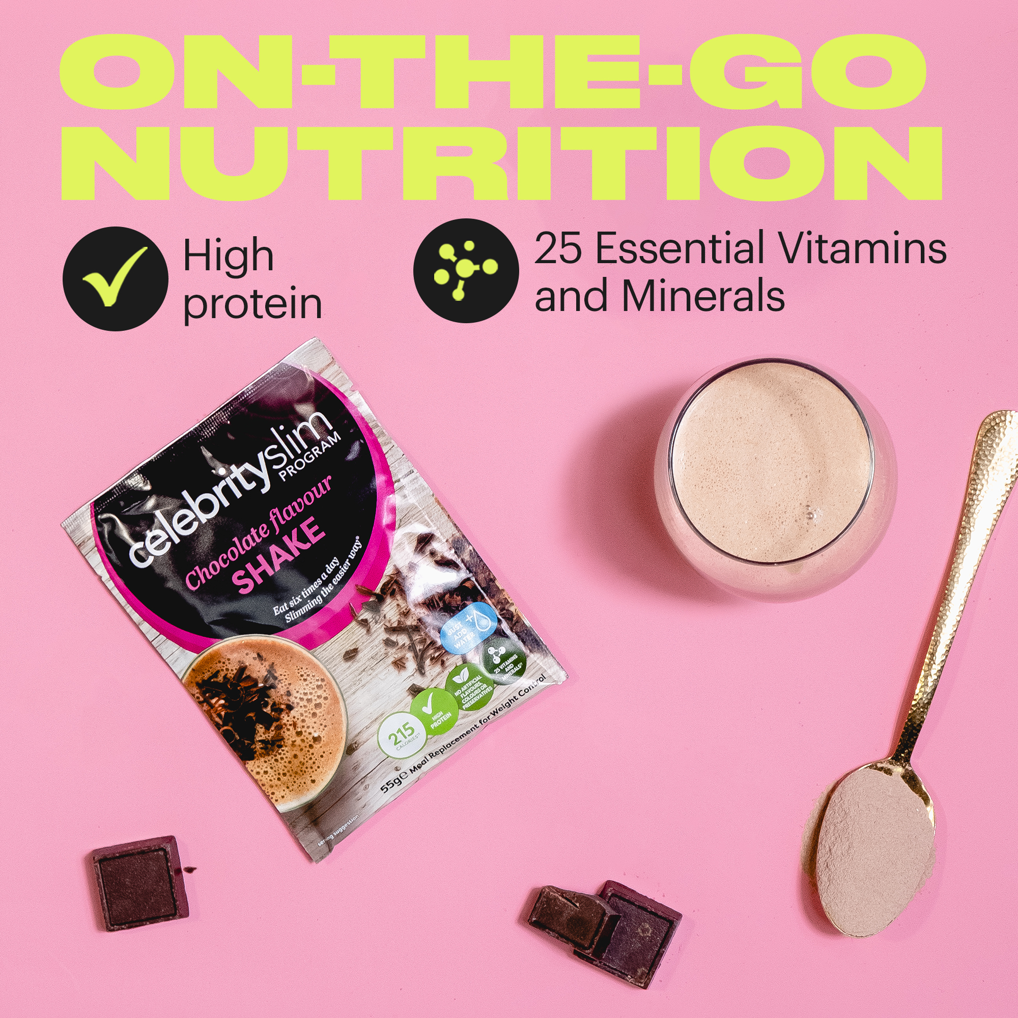 on the go nutrition. High protein. 25 essential vitamins and minerals