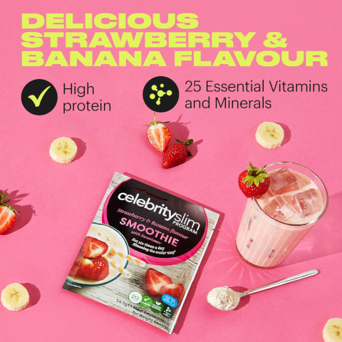 Delicious strawberry and banana flavour. High Protein.  25 Essential vitamins and minerals.