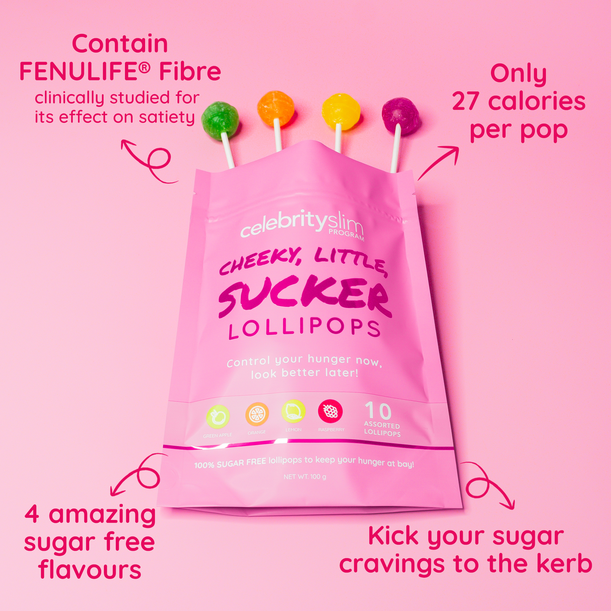 contain fenulife fibre. Clinically studied for its effect on satiety. Only 27 calories per pop. Kick your sugar cravings to the kerb. 4 amazing sugar free flavours