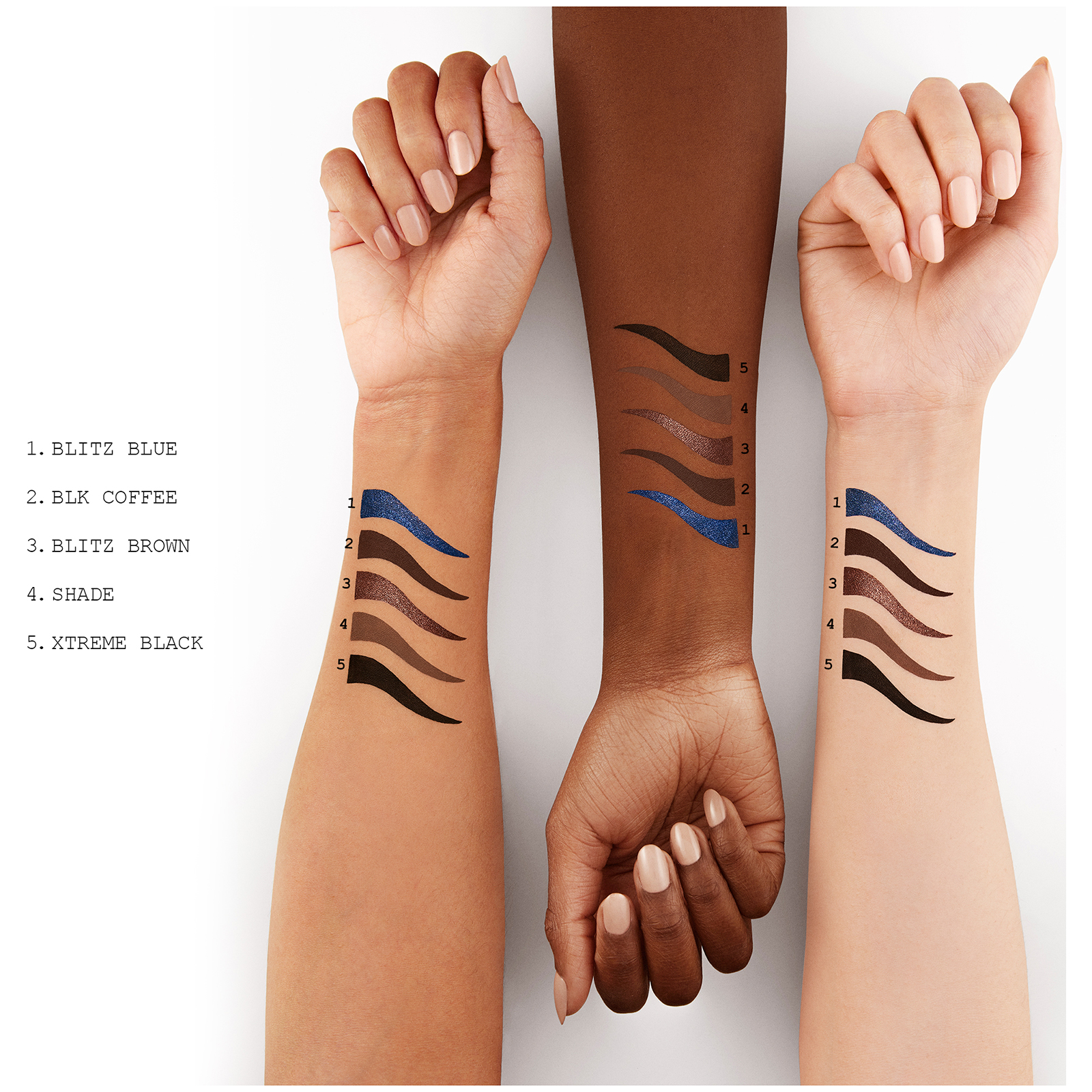 Image showing swatches of the shades across three different skin tones: Blitz Blue, BLK Coffee, Blitz Brown, Shade, Xtreme Black