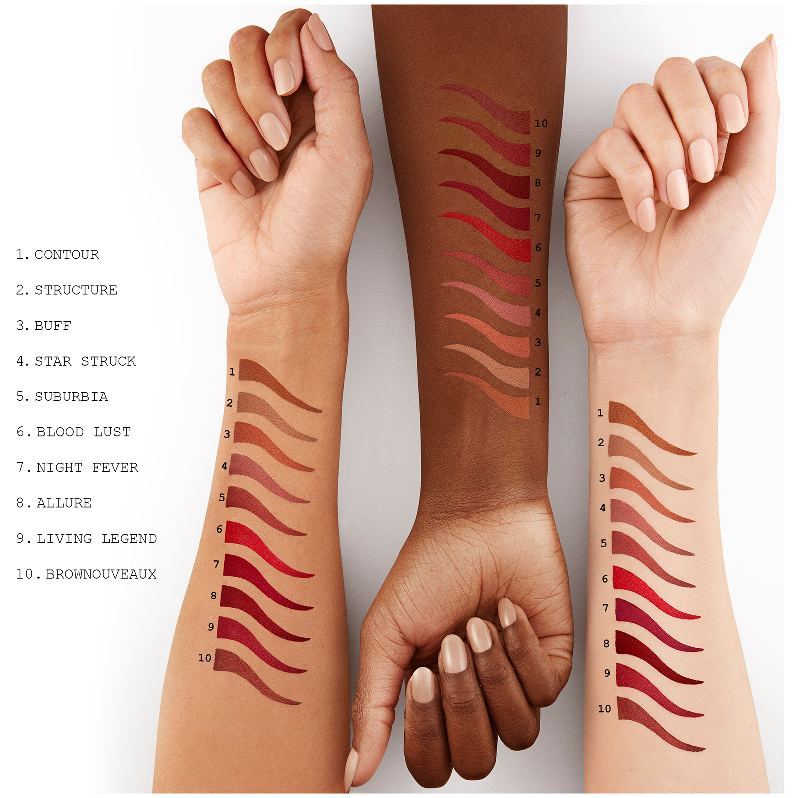 Image showing swatches of the shades modelled across three different skin tones: Contour, Structure, Buff, Star Struck, Suburbia, Blood Lust, Night Fever, Allure, Living Legend, Brownnouveaux
