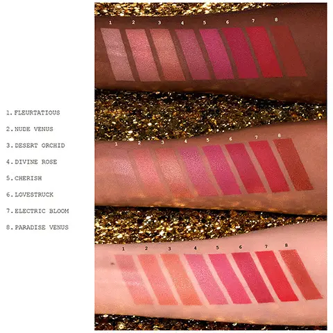 Image showing swatches of the shades modelled across three different skin tones: Fleurtatious, Nude Venus, Desert Orchid, Divine Rose, Cherish, Lovestruck, Electric Bloom, Paradise Venus. Image 2, model shots