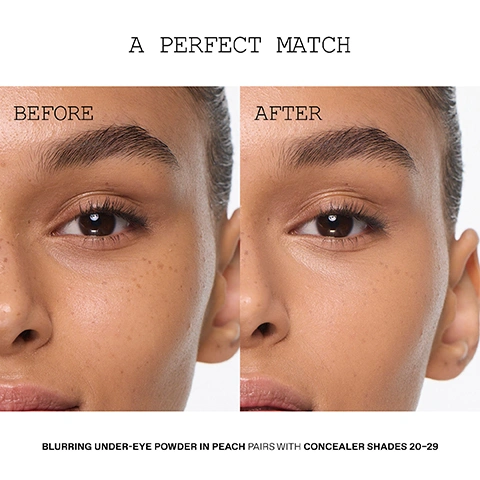 Image 4 - A split image shows a persons under-eye area before and after makeup application, with the before side having visible skin texture and the after side appearing smoother and more even, accompanied by the text A PERFECT MATCH, BEFORE, AFTER, and BLURRING UNDER-EYE POWDER IN PEACH PAIRS WITH CONCEALER SHADES 20-29.