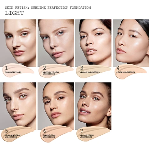 Image 1, skin fetish sublime perfection foundation - light shades. model shots showing shades 1-7. image 2, skin fetish sublime perfection foundation - light medium shades. model shots showing shades 8-14. image 3, skin fetish sublime perfection foundation - medium shades. model shots showing shades 15-21. image 4, skin fetish sublime perfection foundation - medium deep shades. model shots showing shades 22-28. image 5, skin fetish sublime perfection foundation - deep shades. model shots showing shades 29-36. image 6, born on the runway pefected for everyday. customisable coverage builds and blends seamlessly. serum like texture - skincare powered hydration with hyaluronic acid and ceramides. undetectable on skin - weightless, soft focus finish. image 7, sublime perfection, sublime results. 100% say the foundation feels comfortable and gentle. 100% say the foundation looks natural. 96% say the foundation makes their skin look perfected and smoother. 94% say the foundation feels lightweight. consumer test conducted on 52 participants 18-66.