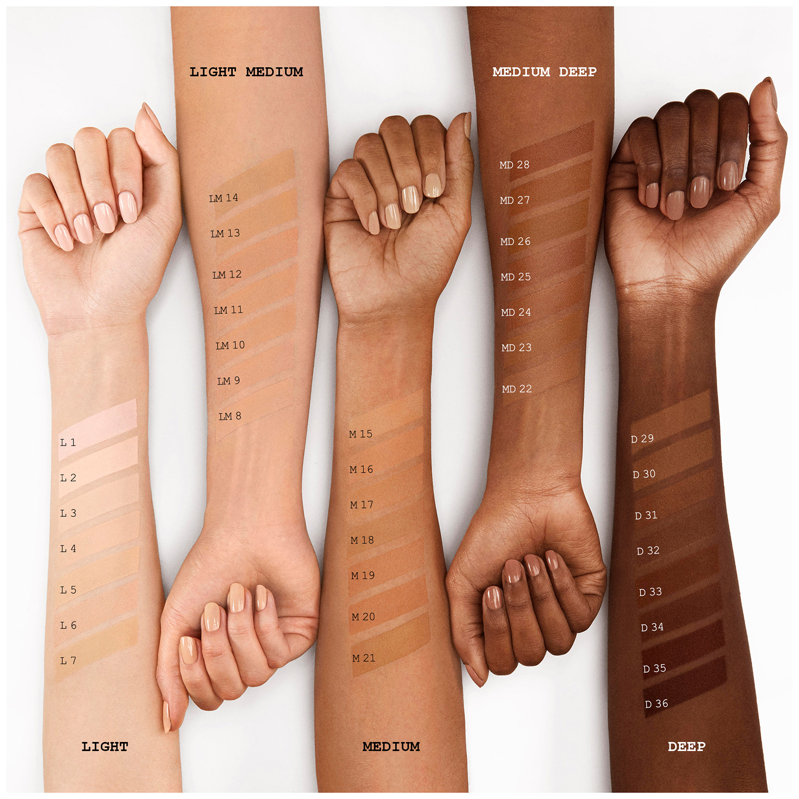 Image showing shades modelled across three different skin tones: Light, Light Medium, Medium, Medium Deep, Deep