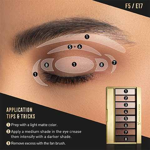 Image showing 'application tips and tricks'. Text: 1. prep with a light matte colour. 2. Apply a medium shade in the eye crease then intensify with a darker shade. 3. Remove excess with the fan brush.'