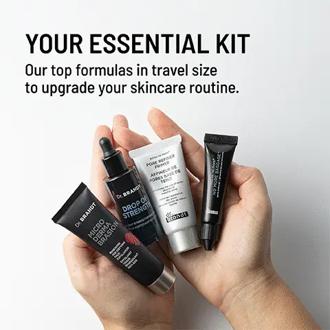 Your essential kit -  Our top formulas in travel size to upgrade your skincare routine. Routine for beauty on the go: 1 Cleanse, 2 Exfoliate, 3 Treat serum, 4 Treat underye, 5 Moisturise, 6 Prime.