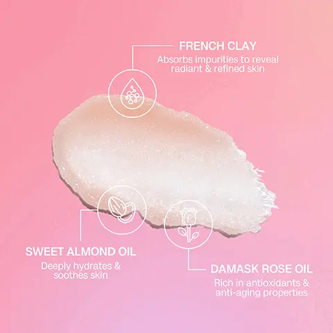Image 1 - A close-up of a creamy substance on a gradient pink background, labeled with text that reads: French Clay - Absorbs impurities to reveal radiant & refined skin, Sweet Almond Oil - Deeply hydrates & soothes skin, and Damask Rose Oil - Rich in antioxidants & anti-aging properties.
              Image 2 - A light pink background features a cream-colored jar labeled Bali Body Essentials Body Scrub, with icons and text indicating it promotes skin elasticity and renewal, is enriched with rose damask oil and grapeseed oil, and is suitable for sensitive skin.
              Image 3 - Image of a person applying a body scrub on their leg with a tub of scrub in their hand, featuring the text How to use and three steps: STEP 1 Use warm water. Allow it to run for 5-10 minutes to soften the skin. STEP 2 Pause running water & apply the scrub in a circular motion; start at your feet & move upwards. Maintain gentle pressure (dont scrub too hard). STEP 3 Rinse thoroughly. Perfect for daily use for all skin types.