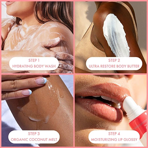 An image divided into four to show each product being used. Step 1 Hydrating Body Wash. Step 2- Ultra Restore Body Butter. Step 3- Organic Coconut Melt. Step 4- Moisturising Lip Glossy