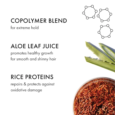 Image 1, copolymer blend for extreme hold. Aloe Leaf Juice promotes healthy growth for smooth and shiny hair. Rice proteins repairs and protects against oxidative damage.