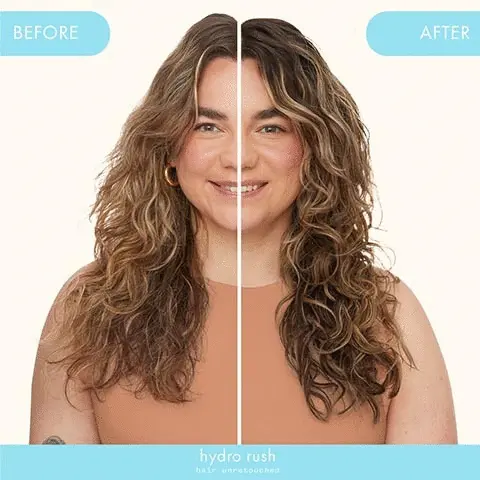 before, after. Hydro rush. clinically proven results, keeps hair moisturizd for 72 hours and hair is 3x more hydrated after one use. after one use 95% said leave-in provided long-lasting hydration. 96% agreed leave-in reduced frizz. 91% said leave-in felt lightweight + non-greasy. Hyaluronic Acid, attracts moisture. Bio-fermented coconut water, adds natural hydration. Squalane, helps protect from moisture loss. Polyglutamic Acid, promotes moisture retention. Blue/Green algae, provides vitamins + amino acids.