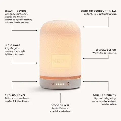 Image 1, product details. Image 2, night light, touch sensitive, breathing mode. Image 3, the pod just got better, loving the touch display, breathing mode and even slicker design. Image 4, compare the diffusers