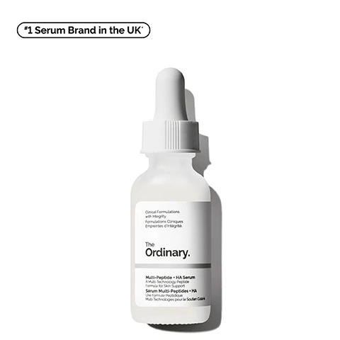 Image 1 - A clear dropper bottle of The Ordinary Multi-Peptide + HA Serum with a white label that includes the text Clinical Formulations with Integrity, Multi-Peptide + HA Serum, and *1 Serum Brand in the UK*.
              Image 2 - A clear dropper filled with a liquid is shown alongside three icons and text that states targets the look of wrinkles and firmness, supports skins elasticity, and improves the look of skin smoothness.
              Image 3 - A close-up of a smiling woman touching her cheek, with visible text labels that read Targets Wrinkles, Firming, and Improves Elasticity.
              Image 4 - Image showing a close-up of a clear serum with bubbles, labeled with key ingredients, including ARGIRELOX™ & SYN™-AKE, Matrixyl™ 3000 & Matrixyl™ synthe6™, and Hyaluronic Acid, along with descriptions of their benefits for skin care.
              Image 5 - A bottle of The Ordinary Multi-Peptide + HA Serum is positioned against a white textured background, with text that reads significantly reduce the appearance of crows feet with the power of peptides.
              Image 6 - An infographic titled Pick Your Peptide Serum displays four different serum options with labels including Matrixyl 10% + HA, Argireline Solution 10%, Multi-Peptide + HA Serum, and Multi-Peptide + Copper Peptides 1% Serum, alongside descriptions of their benefits regarding fine lines, dynamic lines, skin elasticity, and aging.