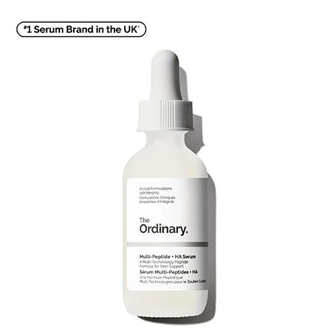 Image 1 - A glass dropper bottle of serum from The Ordinary labeled Multi-Peptide + HA Serum with text that reads Clinical Formulations with Integrity and *#1 Serum Brand in the UK*.
              Image 2 - A clear glass bottle with a dropper contains a liquid, alongside bullet points that state Targets the Look of Wrinkles and Firmness, Supports Skins Elasticity, and Improves the Look of Skin Smoothness.
              Image 3 - A close-up of a smiling womans face highlighting her smooth skin and the hands gently touching her cheek, accompanied by the text: Targets Wrinkles, Firming, Improves Elasticity.
              Image 4 - Image showing a white background with text outlining the key ingredients in Multi-Peptide + HA Serum, including ARGIRELAX™ & SYN™-AKE, Matrixyl™ 3000 & Matrixyl™ synthe6™, and Hyaluronic Acid, with descriptions of their benefits.
              Image 5 - A close-up image of a dropper bottle of The Ordinary Multi-Peptide + HA Serum, with white background and wavy texture, featuring text that reads significantly reduce the appearance of crow’s feet with the power of peptides.
              Image 6 - An infographic titled Pick Your Peptide Serum featuring four serum bottles, with labels and descriptions for each: Matrixyl 10% + HA, Argireline Solution 10%, Multi-Peptide + HA Serum, and Multi-Peptide + Copper Peptides 1% Serum, along with targeted benefits for each product listed below them.