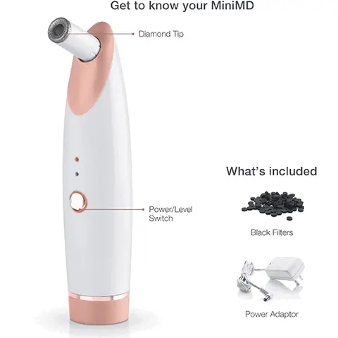 Image 1, Get to know your miniMD, what's included? Black filters and a power adaptor. Image 2, Mini but Mighty microdermabrasion, 1. one button operation gets new users up and running with spa-quality microdermabrasion results in less time. 2. Two suction levels take the complexity out of in-home treatments so you can focus on each area of your eyes, face and neck. 3. Genuine diamond tip safely exfoliates dry dead ski cells for a smoother, radiant complexion and fewer wrinkles