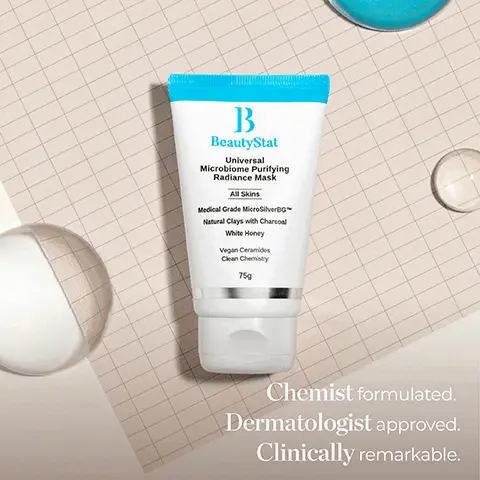 Image 1, B BeautyStat Universal Microbiome Purifying Radiance Mask All Skins Medical Grade MicroSilverBG Natural Clays with Charcoal White Honey Vegan Ceramides Clean Chemistry 759 Chemist formulated. Dermatologist approved. Clinically remarkable. Image 2, 100%* significant decrease in lines & wrinkles 97%* significant decrease in the look of pores *28 day clinical study of 32 subjects using 2x daily