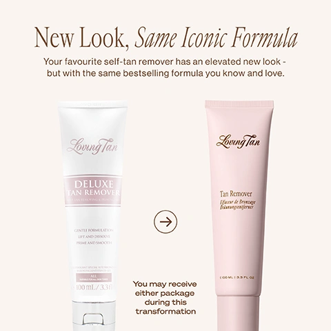 Image 2 - The image displays two Loving Tan self-tan remover tubes, an older white and pink version on the left and a newer light pink version on the right, separated by a right-pointing arrow, with the text New Look, Same Iconic Formula; Your favourite self-tan remover has an elevated new look - but with the same bestselling formula you know and love; the left tube is labeled Loving Tan DELUXE TAN REMOVER TAN REMOVING & PRIMING MOUSSE GENTLE FORMULATION LIFT AND DISSOLVE PRIME AND SMOOTH EXFOLIANT DOUX POUR UN BRONZAGE AUTO-BRONZANT ALL SUITABLE FOR ALL SKIN TYPES 100 ML / 3.3 FL.OZ; the right tube is labeled Loving Tan Tan Remover Effaceur de Bronzage Bräunungsentferner 100 ML / 3.3 FL OZ; and additional text below the tubes reads You may receive either package during this transformation. Image 3 - A white creamy gel substance in swirled patterns with text that reads: GENTLE GEL FORMULATION Effectively removes unwanted tan, while nourishing and hydrating the skin. Image 4 - A hand holds a pink product tube with clear liquid dripping from it, and visible text reads Loving Tan, Tan Remover, Effaceur de Bronzage, Bräunungsentferner, 3.3 FL OZ, PRIMES + SMOOTHS SKIN, PROUDLY AUSTRALIAN MADE. Image 5 - A pink tube of Loving Tan Tan Remover is displayed against a light background with water droplets, featuring text labels that read Dermatologist tested, Lifts and dissolves tan, Gentle gel formulation, Primes and smooths skin, Enriched with antioxidants, Effaceur de Bronzage, Bräunungsentferner, e 100 ML | 3.3 FL OZ.