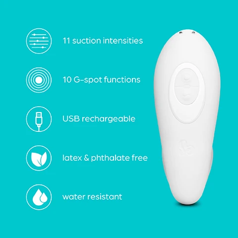 Image 1 - A white personal massager on a teal background with icons indicating 11 suction intensities, 10 G-spot functions, USB rechargeable, latex and phthalate-free, and water resistant.
              Image 2 - An image of a white suction device with a smooth, curved shape on a teal background, accompanied by the text Pinpoint stimulation Precise suction stimulation targets the clitoris & external erogenous zones.
              Image 3 - A white dual-action pleasure device on a teal background, with text that reads Dual pleasure Feel the vibe, with 11 suction intensities & 10 G-spot patterns.
              Image 4 - A white internal stimulator designed for G-spot satisfaction, with a flexible shape, accompanied by the text that reads: incredibly flexible, angle and flex the internal stimulator for G-spot satisfaction.
              Image 5 - A white USB rechargeable vibrator is shown against a teal background, with the text USB rechargeable Don’t let the pleasure stop, with easy USB recharging... located above the product image.
              Image 6 - Illustration showing a sexual wellness product designed for clitoral and G-spot stimulation, with arrows indicating the locations of the clitoris and G-spot; visible text reads Designed to satisfy Enjoy two pleasure zones at once Gently insert the stimulator into your vagina and surround your clitoris with the suction head.
              Image 7 - A white, ergonomic vibrator is displayed on a turquoise background, with measurement details indicating height (5.5 inches), insertable length (4.7 inches), and shaft width (1.5 inches) alongside the labeled parts of the device.
              Image 8 - A white vibrator is submerged in water with splashes around it on a bright blue background, and there is text stating that it is water resistant and fully submergible for use in the bath or shower.
              Image 9 - Image shows a boxed product with a curved toy, a USB cable, a white storage bag, and a manual, accompanied by the text Whats in the box? 1. Pearl Vibe - Toy 2. USB Cable 3. Storage Bag 4. Manual.