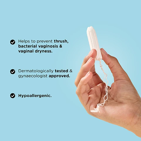 Image 1 - A hand is holding a white tampon against a light blue background, with text stating it helps to prevent thrush, bacterial vaginosis & vaginal dryness, dermatologically tested & gynaecologist approved, and hypoallergenic.
              Image 2 - A hand holding a tampon is shown against a light blue background, with large text reading 0% PLASTICS OR IRRITANTS and a smaller note indicating 100% ORGANIC COTTON.
              Image 3 - A person holds four wrapped sanitary products in their hands, with a color-coded absorbency guide next to them that labels &SISTERS by Mooncup® products as light, medium, and heavy, and lists other brands as regular, super, and super plus.