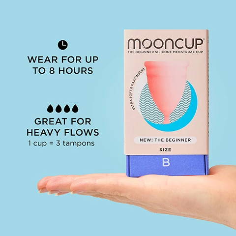 Image 1 - A hand holds a box of Mooncup menstrual cup labeled THE BEGINNER SILICONE MENSTRUAL CUP, with instructions stating WEAR FOR UP TO 8 HOURS, GREAT FOR HEAVY FLOWS, and 1 cup = 3 tampons, alongside a graphic of the cup.
              Image 2 - A person holds a pink silicone menstrual cup against a light blue background, with text highlighting features like easy insertion, volume markings for easy tracking, holds three times more than a regular tampon, external ridges for a secure hold, and Pebble™ pull for smooth removal.
              Image 3 - Image features three pink menstrual cups on a purple surface against a light blue background, accompanied by a chart titled FIND YOUR FIT that lists options based on childbirth history and age group, including No, Yes, a vaginal birth, and Yes, by caesarean, with corresponding letters for different age categories.
              Image 4 - A person is holding a pink silicone product, demonstrating its flexibility and easy insertion, with the text DESIGNED FOR EASY INSERTION and ULTRA SOFT visible.