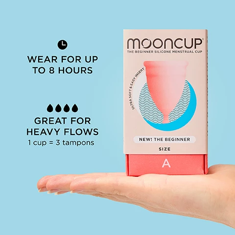 Image 1 - A persons hand is holding a pink box labeled mooncup THE BEGINNER SILICONE MENSTRUAL CUP with icons and text that read WEAR FOR UP TO 8 HOURS, GREAT FOR HEAVY FLOWS, and 1 cup = 3 tampons.
              Image 2 - A person is holding a soft pink silicone menstrual cup, with text highlighting features such as easy insertion, easy tracking volume markings, holding three times more than a regular tampon, secure hold external ridges, and smooth removal Pebble™ pull.
              Image 3 - Three pink menstrual cups are displayed on a pale pink pedestal with a blue background, alongside a chart titled FIND YOUR FIT that asks if the user has given birth and provides size recommendations for different age groups and birth types.
              Image 4 - Image shows two hands holding a soft, flexible pink silicone product designed for insertion, with text that reads DESIGNED FOR EASY INSERTION and ULTRA SOFT.