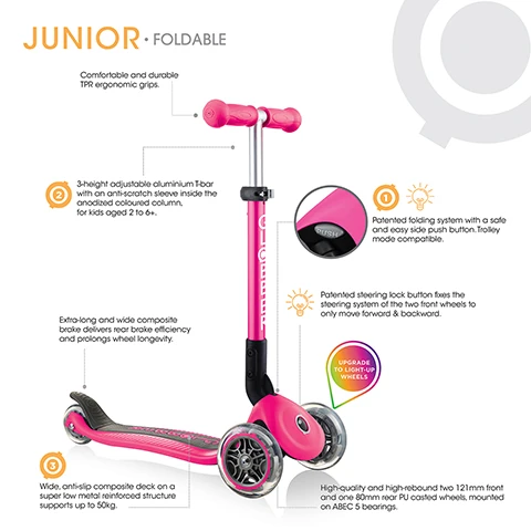 Junior - Foldable. Comfortable and durable TPR ergonomic grips. 3-height adjustable aluminium T-bar with an anti-scratch sleeve inside the anodized coloured column, for kids ages 2 to 6+. Extra-long and wide composite brake delivers rear brake efficiency and prolongs wheel longevity. wide, anti-slip composite deck on a super low metal reinforced structure supports up to 50kg. patented folding system with a state and easy side button. Trolley mode compatible. Patented sterring lock button fixes the sterring system of the two front wheels to only move forward and backward. High quality and high rebound two 121mm front and one 80mm rear PU casted wheels, mounted on ABEC 5 bearings.