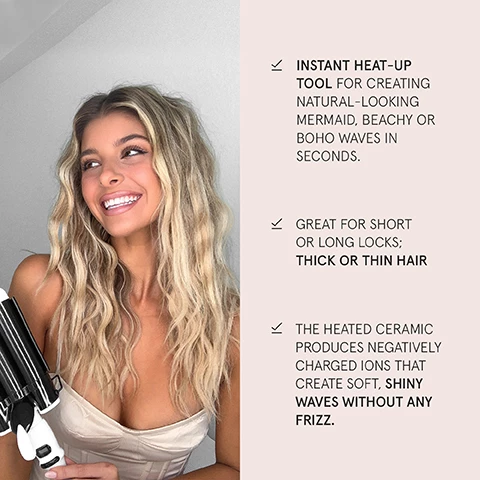 Image 1, instant heat up tool for creating natural looking mermaid beachy or boho waves in seconds. great for short or long locks, thick or thin hair. the heated ceramic produces negatively charged ions that create soft, shiny waves without any frizz. Image 2, customer reviews. eileen said i love the mini waver, works great on my hair, everyone loves my hair like that. revecca w said it holds really fine waves in my hair throughout the day. Image 3, made of high grade crystal powder tourmaline ceramic glaze. 3 extra large barrels, 32mm in diameter. insulated barrel tips to provide safety. tangle free cord. adjustable temperature, between 80 degrees and 210 degrees. non slip handle. Image 4, wave wand mini 25mm vs wave wand 32mm. Image 5, why you'll love it = developed with the latest technology. lightweight and professionally designed. hair stylist approved. 360 degree power cord.