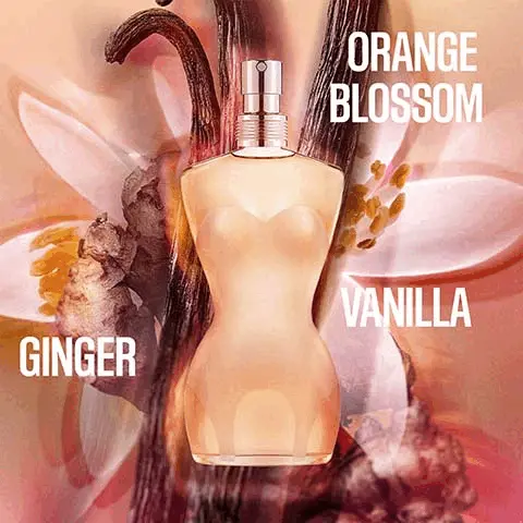 Image 1, orange blossom, ginger and vanilla. Image 2, classique eau de parfum = oriental floral. classique eau de toilette = oriental floral. la belle eau de parfum - oriental green.