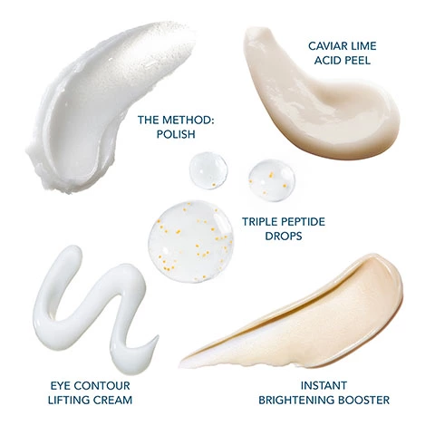 Image showing swatches of the products. Text- Caviar Lime Acid Peel. The Method Polish. Triple Peptide Drops. Eye Contour Lifting Cream. Instant Brightening Booster. Eye Contour Lifting Cream