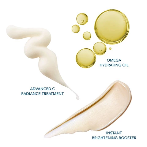 Image showing swatches of the products. Text- Omega Hydrating Oil. Advanced C Radiance Treatment. Instant Brightening Booster