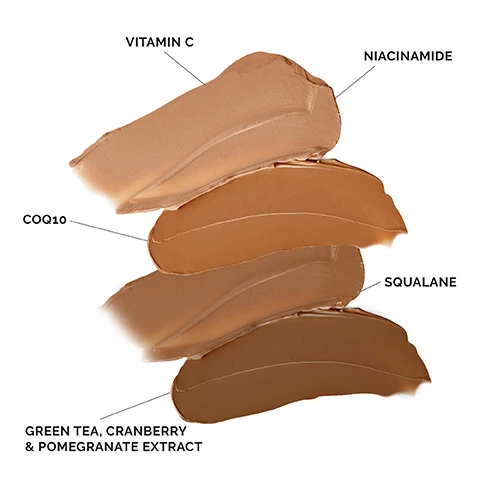 Image 1, vitamin c, niacinamide, squalane, COQ10, green tea, cranberry and pomegrante extract. Image 2, shade - light and shade medium