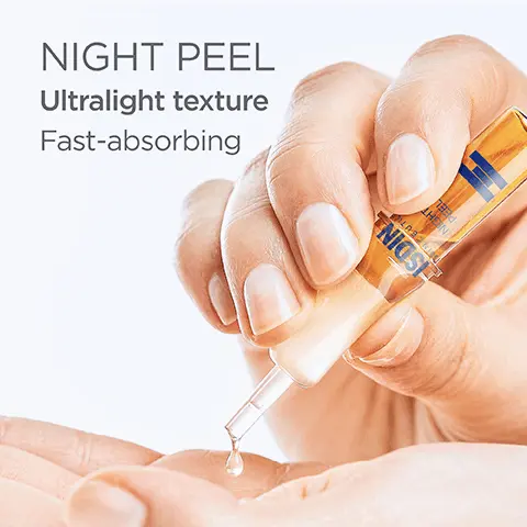 Image 1, night peel ultralight texture, fast absorbing Image 2, night peel, promotes skin exfoliation, helps diminish the visible appearance of wrinkles. Image 3, night eel ampoule format, stable for 48 hours once opened. Image 4, night peel, after 4 weeks, user reported: 99% renewed skin, 94% reduction in the appearance of fine lines and wrinkles, 85% more uniform skintone, 78% increase in hydration, *data on filem ISDIN corp 2022. Image 5, night peel, glycolic acid = exfoliates, alpha complex = renews skin, hydra boost = deeply hydrates. Image 6, night peel, shake then massage half of the ampoule's contents onto the clean, dry skin of the fact, neck and chest.