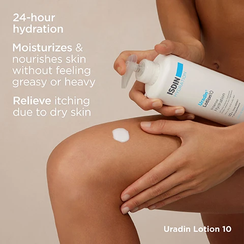 Image 1, 24 hour hydration. moisturises and nourishes skin without feeling greasy or heavy. relieve itching due to dry skin. image 2, dermatologist tested, fast absorption, non greasy, for all skin types. image 3, after 4 weeks of nightly use users with dry skin reported, 65% less dryness, 94% less itching. data on file, ISDIN corp. image 4, apply twice per day, massaging into the skin until completely absorbed.