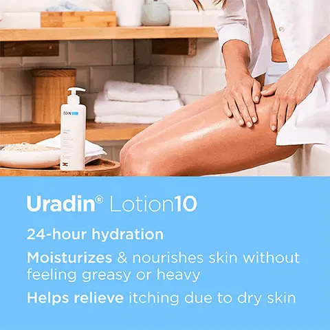 Image 1, Uradin Lotion10- 24 hour hydration. moisturises and nourishes skin without feeling greasy or heavy and helps relieve itching due to dry skin. Image 2,Uradin Lotion10- Dermatologist tested, fast absorption, non greasy and for all skin types. Image 3, Uradin Lotion10- 10% ISDIN urea promotes optimal hydration, emollients and 3% dexpanthenol that helps relieve itching due to dry skin. Image 4, Uradin Lotion10 Apply once or twice a day, massaging into the skin until completely absorbed. Image 5, Uradin Lotion10- Customer review: This lotion is really hydrating but not too heavy, especially in warmer seasons. will purchase again.