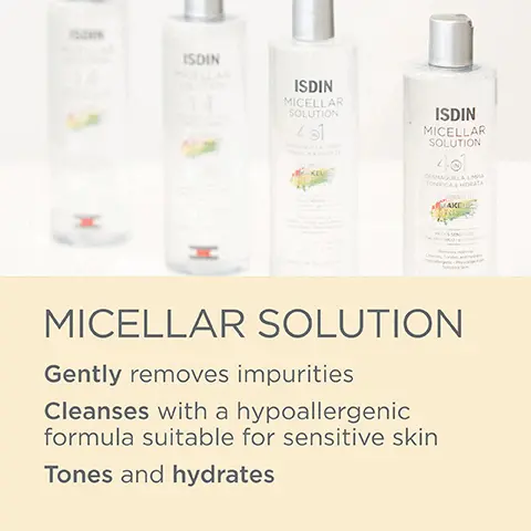Image 1, Micellar Solution- Gently removes impurities. Cleanses with a hypoallergenic formula suitable for sensitive skin. Tones and hydrates. Image 2,Micellar Solution- Hypoallergenic, alcohol-free, soap-free and fragrance-free. Image 3, Micellar Solution- After 4 weeks users reported: 91% cleansed without damaging the skin. 80% saw softer skin, 62% noted more luminous skin and 100% mentioned easy application. Image 4,Micellar Solution- How to use: 1. soak a cotton pad. 2. Wipe gently on your face, neck, eyes and lip. Image 5,Micellar Solution- Customer review: Great product. A must have for your summer morning routine.