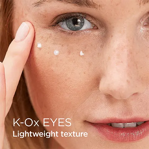 Image 1, K-Ox EYES,  Lightweight texture. Image 2, cooling ceramic applicator, results in 28 days. Image 3,K-Ox EYES After 4 weeks, users reported 100% immediately luminous skin, 93% reduction in dark circles, 93% less visible puffiness, 100% cooling effect of applicator. Image 4, K-Ox EYES, before and after model shot after 28 days. Visibly reduces puffiness and dark circles after 28 days of continuous use. Image 5, K-Ox EYES, Vitamin K oxide, nminimizes dark circles, Haloxyl targets dark circles and boosts firmness, eyeliss targets puffiness. Image 6, K-Ox EYES, apply a small amount onto your fingertip. Smooth over the under-eye area. Image 7, Love this eye cream! It's so cold and creamy and helps my makeup go on so much better- Jenny K-Ox Eyes fan