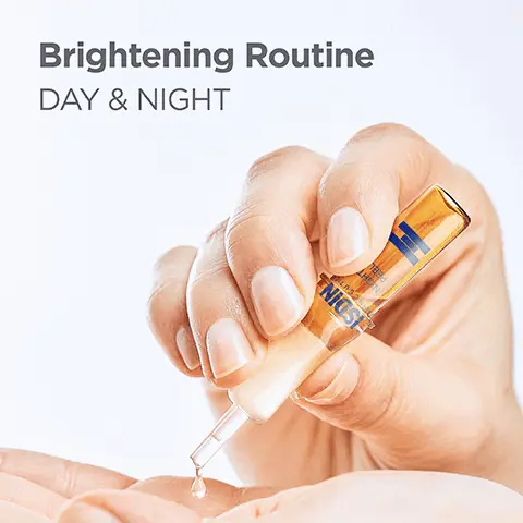 Image 1, Brightening routine day and night. Image 2, rightening routine day and night, unifies skin tone, corrects imperfections and gently exfoliates the skin. image 3, brightening routine day and night, ampoule format, day and night routine. Image 4, brightening routine day and night, glycolic acid = exfoliates, dipotassium glycyrrhizate = soothes, alpha complex = renews skin. Image 5, brightening routine day and night, apply pigment expert ampoules in the morning and night peel ampoules in the evening.