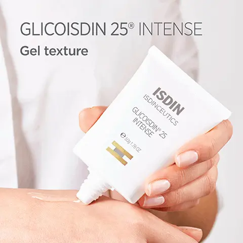 Image 1, glicoisdin 25 intense gel texture. Image 2, glicoisdin 25 intense, exfoliates skin, unifies skin tone and diminishes the appearance of dark spots, refines skin texture. Image 3, glicoisdin 25 intense, 9.5% fre glycolic acid. Image 4, glicoisdin 25 intense, after 4 weeks users said: 95% skin is softer and smoother, 90% skin is renewed, 90% skin appears more uniform, 86% skin texture improved. Image 5, glicoisdin 25 intense, renews and diminishes the appearance of dark spots and wrinkles. Image 6, glicoisdin 25 intense, glycolic acid exfoliates, aloe vera calms. Image 7, glicoisdin 25 intense, apply at night to clean and dry skin. requires the simultaneous daily use of sunscreen. Image 8, different glycolic acid concentrations and textures available.