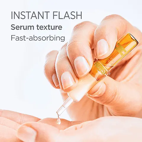 Image 1, instant flash serum texture fast absorbing. Image 2, instant flash, 8 hour lifting effect energizes the skin, minimizing signs of fatigue. Image 3, instant flash, results in a flash, prolonged effect, 8 hours. Image 4, instant flash 5 minutes after application users said: 100% makes skin look rejuventated, 100% skin feels softer and smoother, 93% erases signs of fatigue, 90% provides a lifting effect. Image 5, instant flash, shake then massage half of the ampoule's contents onto the clean, dry skin of the face, neck and chest.